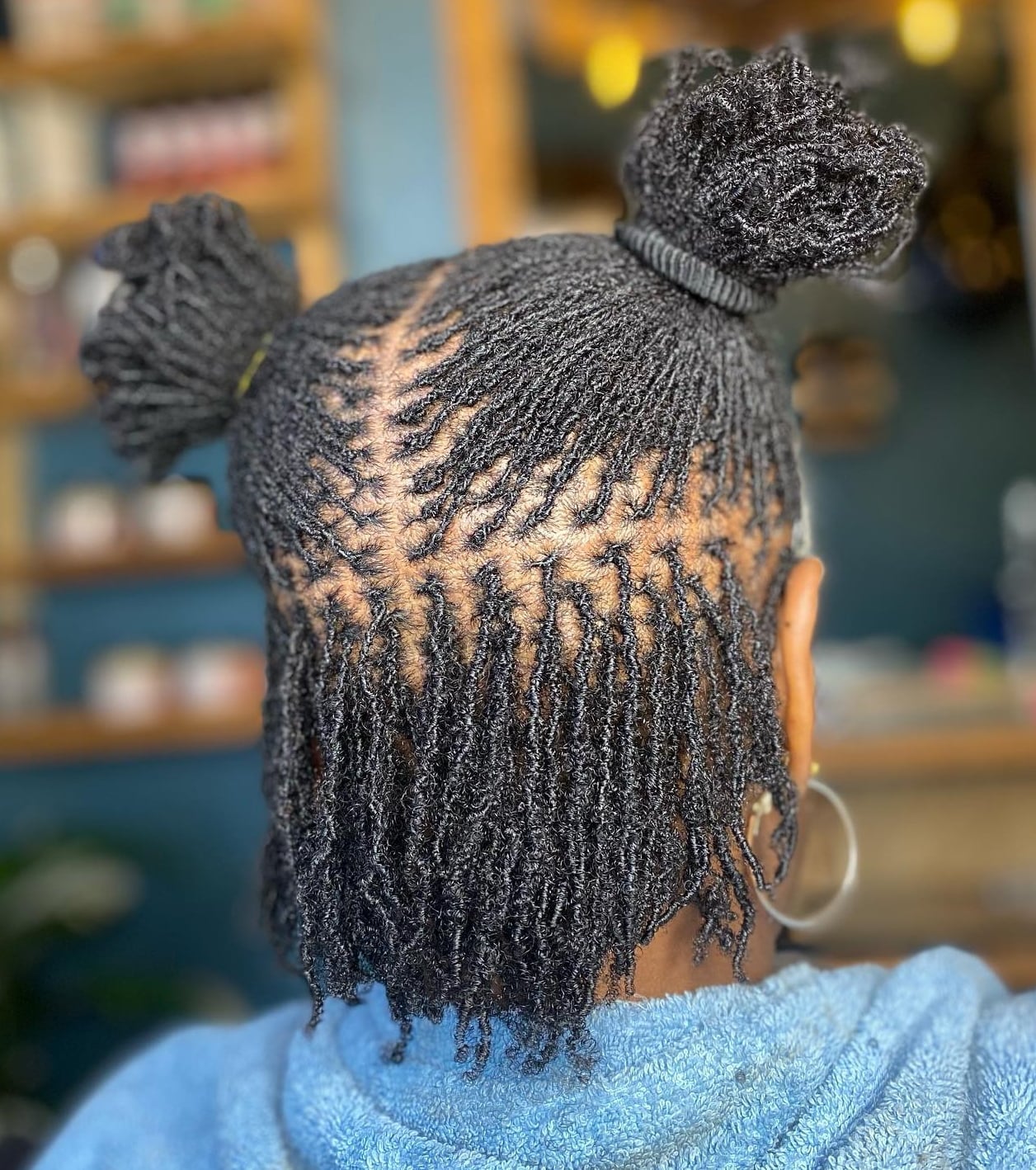 Shoulder Length Black Micro Locs Double Buns Shoulder Length Black Micro Locs Double Buns — Simple Length Locs