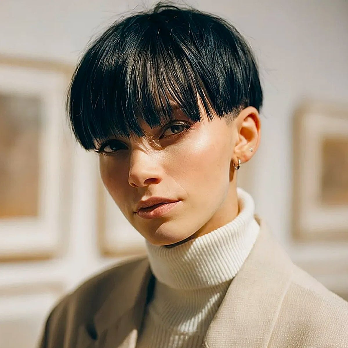 Black Blunt Bob With Straight Fringe — Simple Lesbian Haircuts