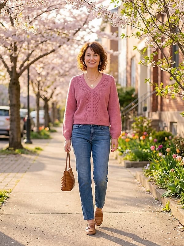 Blue Straight Leg Jeans With Pink Sweater, Brown Loafers — Simple Light Blue Jeans Outfits