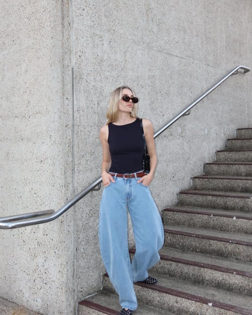 Oversized Barrel Leg Light Blue Jeans With Black Top — Simple Light Blue Jeans Outfits