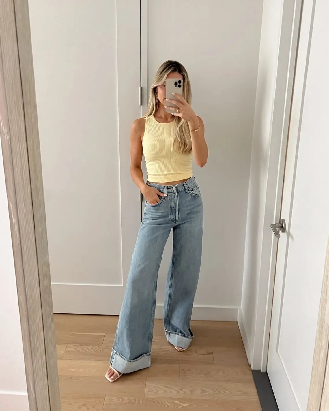 Extreme Wide Leg Light Blue Jeans With Yellow Top — Simple Light Blue Jeans Outfits