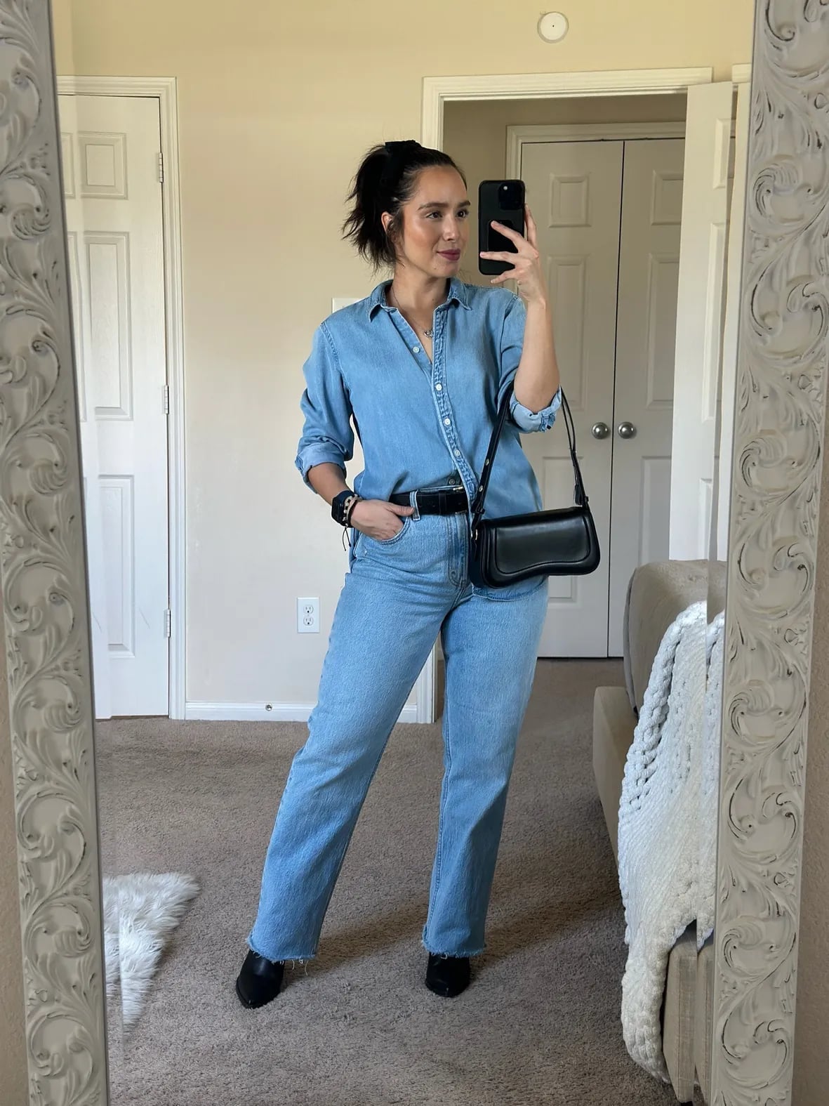 Denim On Denim With Straight Leg Jeans, Black Ankle, Close-Up Take — Simple Light Blue Jeans Outfits