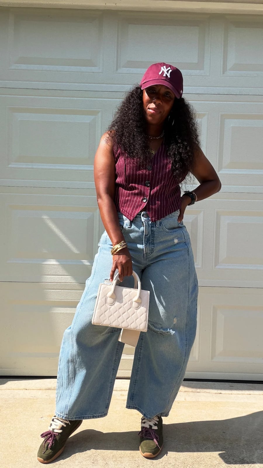 Oversized Distressed Light Blue Jeans With Pinstripe Vest, Wide Leg — Simple Light Blue Jeans Outfits