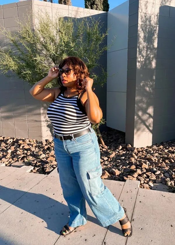 Wide Leg Cargo Light Blue Jeans With Striped Tank, Office-Safe Version — Simple Light Blue Jeans Outfits