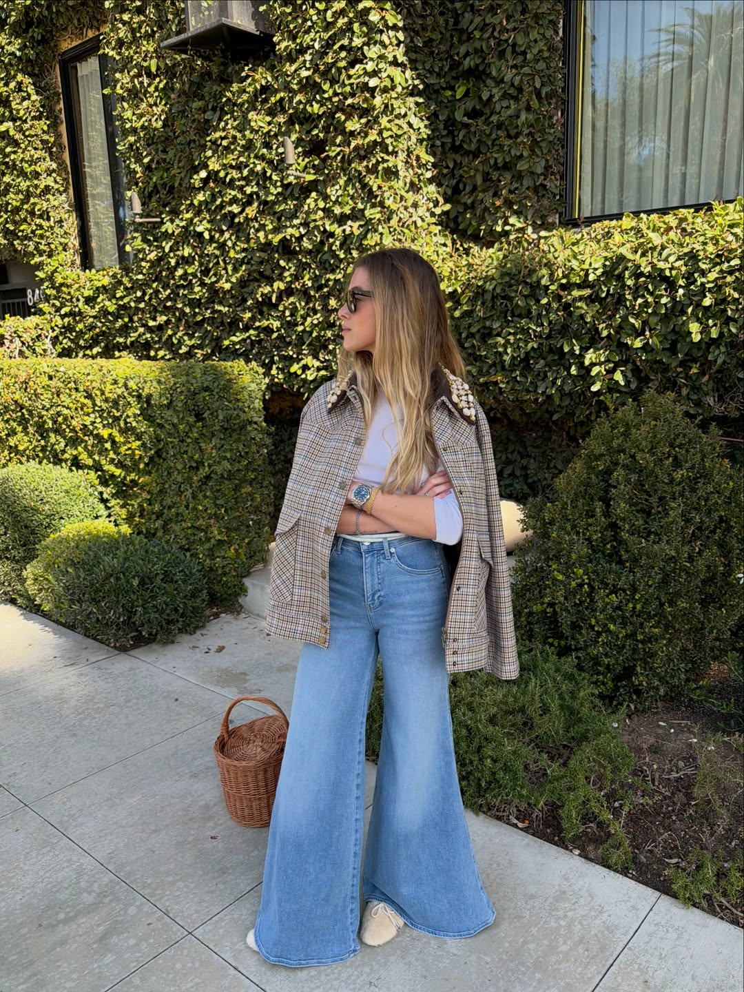 Light Blue Wide Leg Jeans With Pearl Embellished Jacket — Simple Light Blue Jeans Outfits