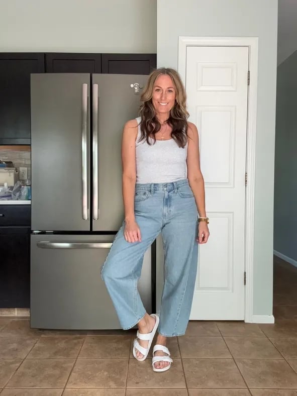 High Waisted Wide Leg Light Blue Jeans With Gray Tank — Simple Light Blue Jeans Outfits