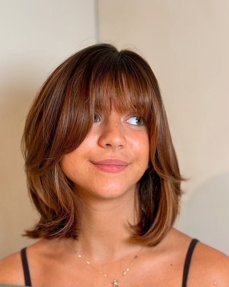 Medium Brown Layered Bob With Curtain Bangs — Simple Long Bob Hairstyles