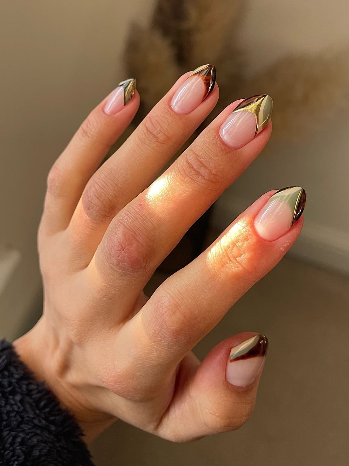 Metallic Gold Brown Abstract French Almond Nails — Simple Looks Nail
