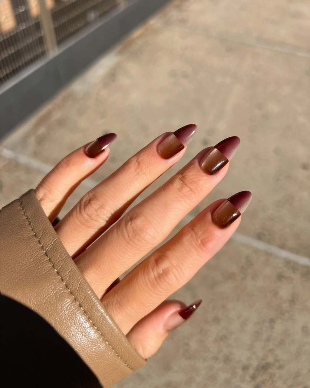 Red to Brown Gradient French Almond Nails — Simple Looks Nail