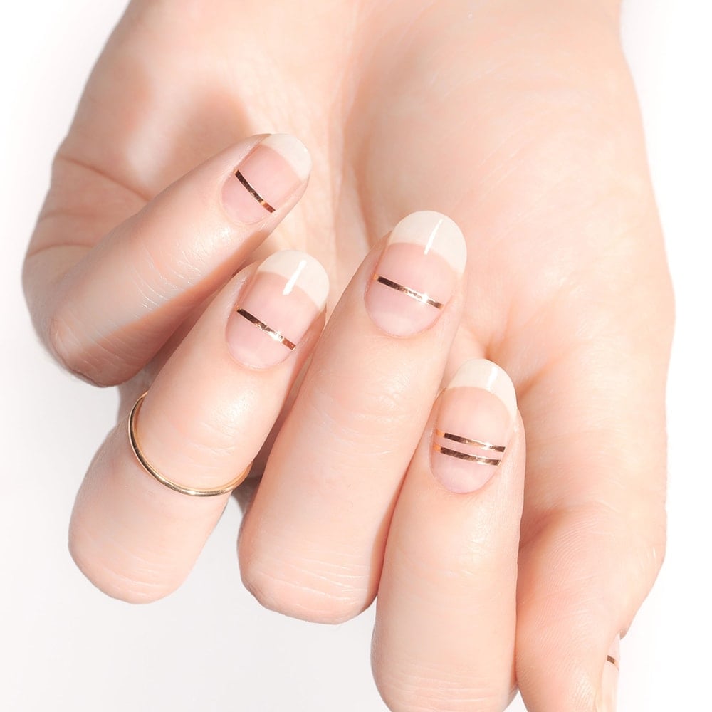 Gold Stripes Clear Nude Oval Nails — Simple Looks Nail