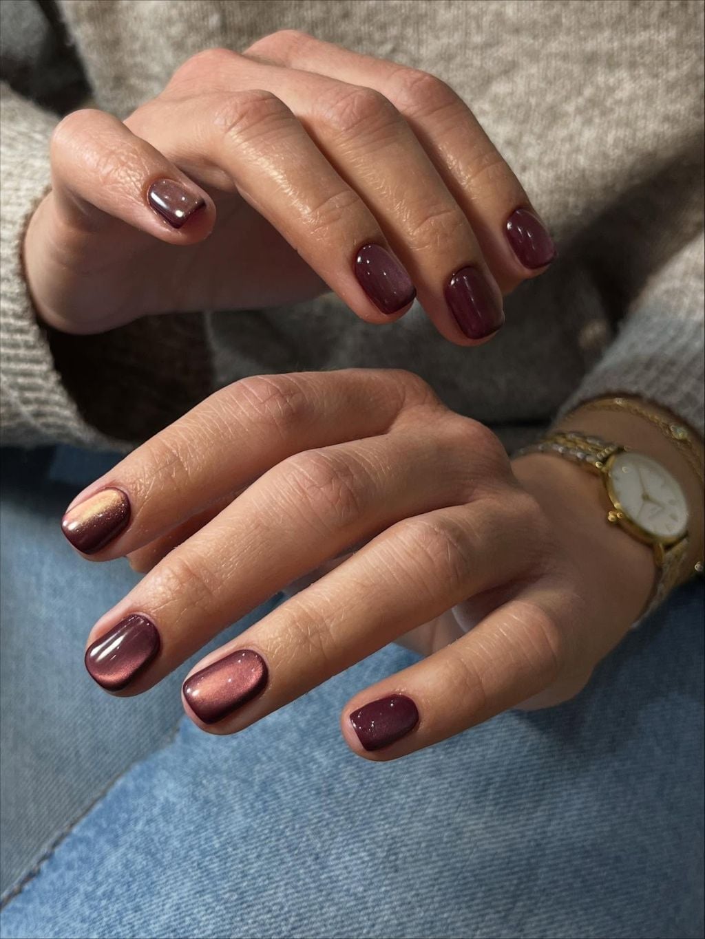 Deep Berry Cat Eye Short Square Nails — Simple Looks Nail
