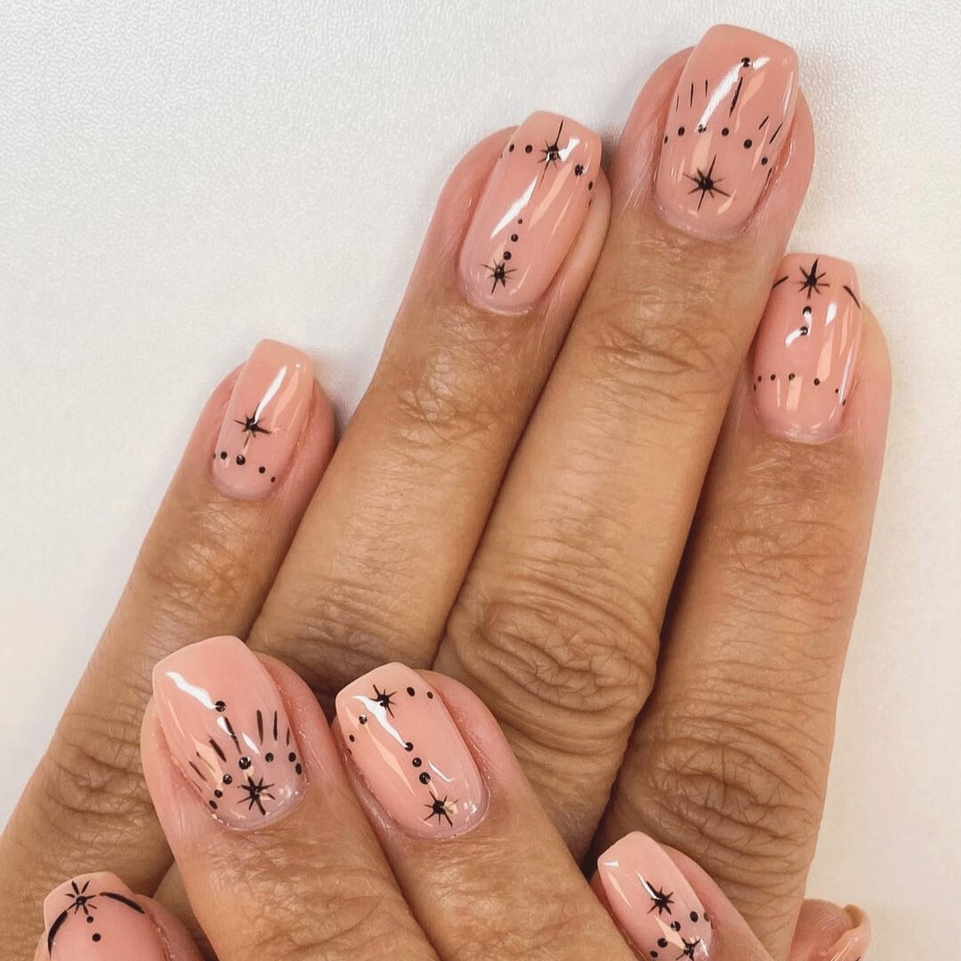 Black Dots Stars Peachy Beige Short Square Nails — Simple Looks Nail