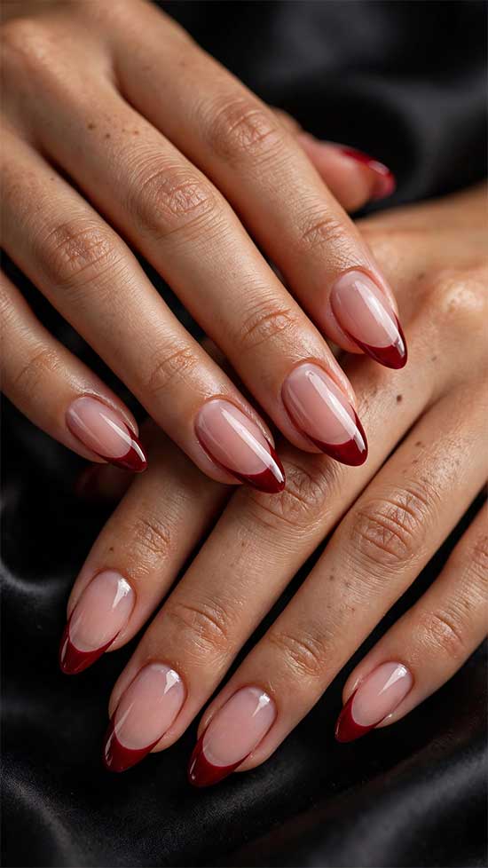 Deep Red French Medium Almond Nails — Simple Looks Nail