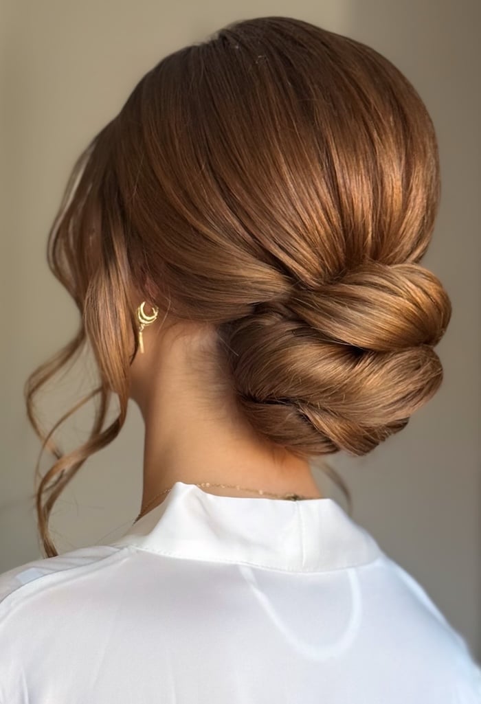 Dark Brown Wavy Low Twisted Bun — Simple Low Bun Wedding Hair