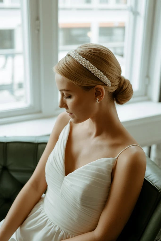 Blonde Low Bun With Pearl Headband — Simple Low Bun Wedding Hair