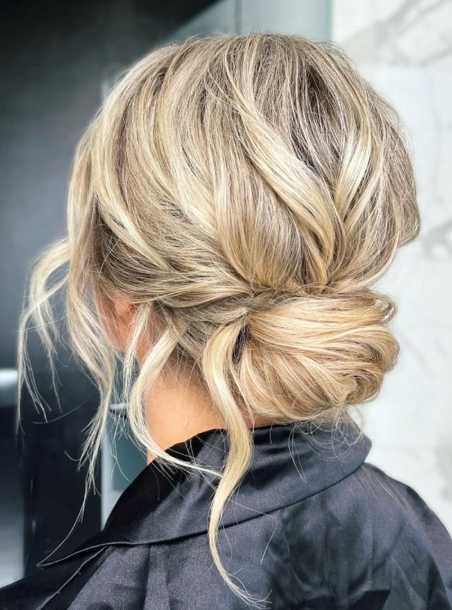 Blonde Balayage Textured Low Updo — Simple Low Bun Wedding Hair