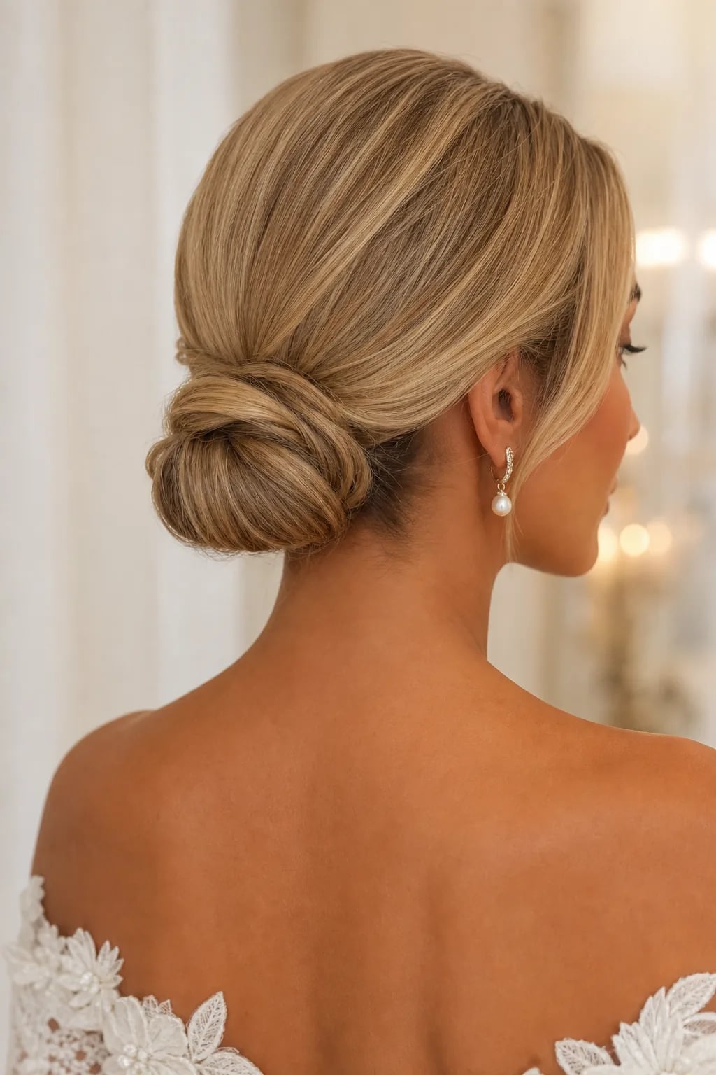Ash Blonde Wavy Low Bun Twisted Texture, Close-Up Take — Simple Low Bun Wedding Hair
