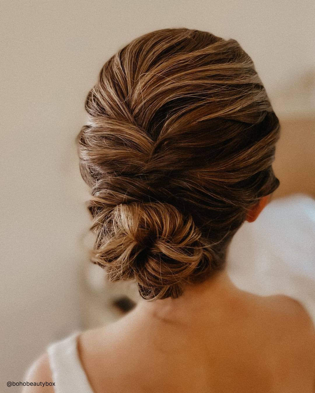 Brown Blonde Highlight Twisted Low Bun — Simple Low Bun Wedding Hair