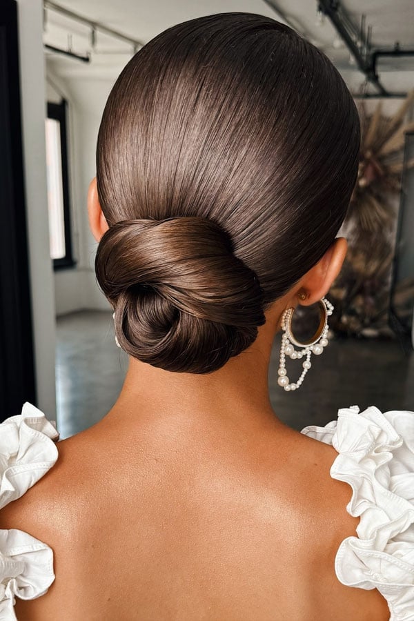 Perfectly Smooth Dark Brown Low Bun — Simple Low Bun Wedding Hair