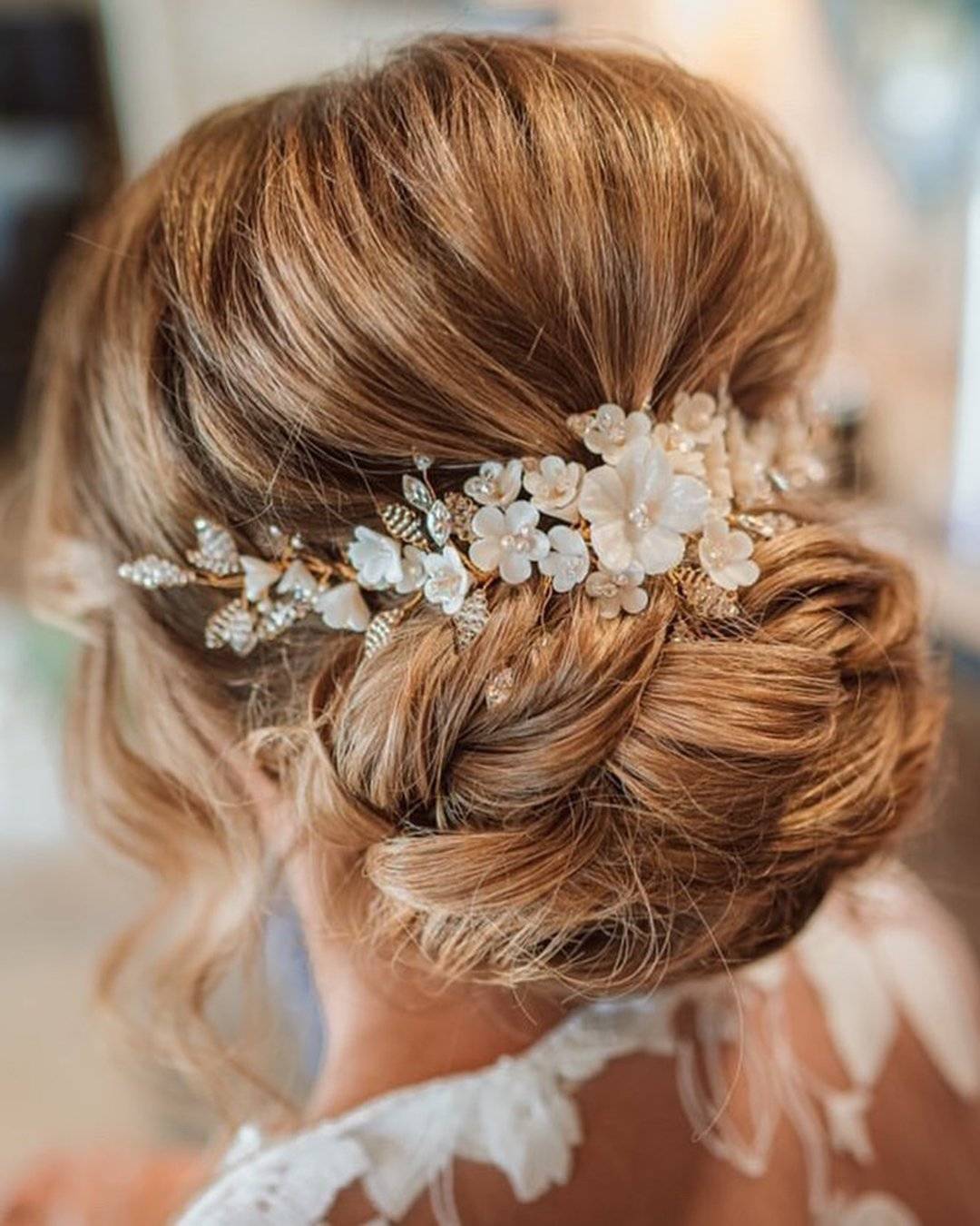 Warm Brown Textured Low Bun With Flowers — Simple Low Bun Wedding Hair
