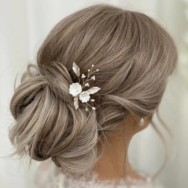 Ash Blonde Tousled Low Bun With Beads — Simple Low Bun Wedding Hair