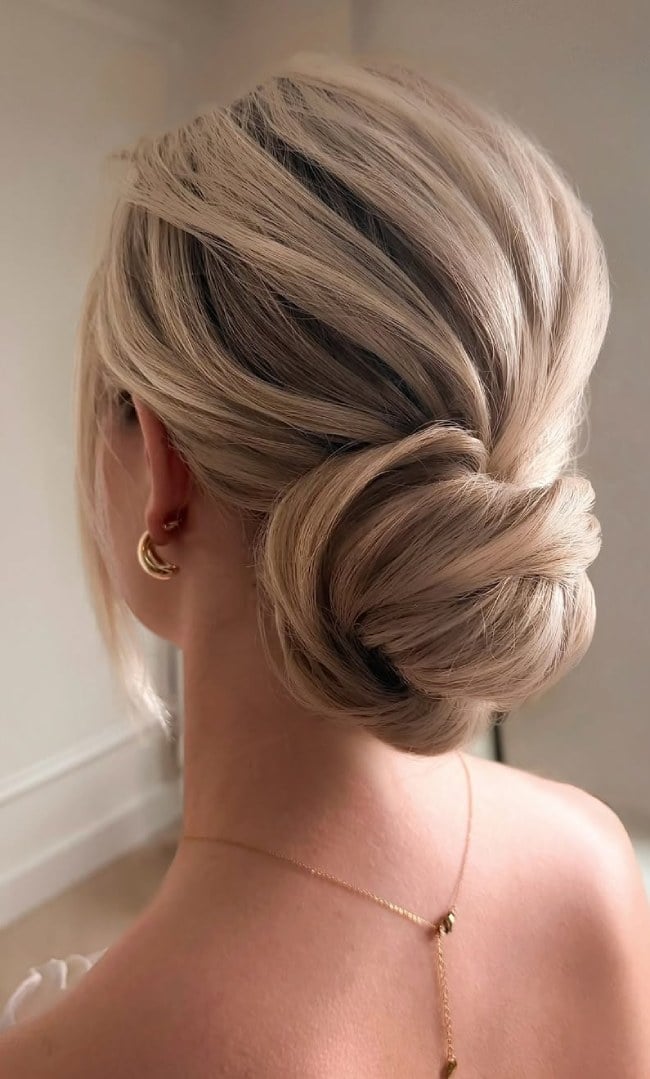 Ash Blonde Wavy Twisted Low Bun Tendrils, Updo — Simple Low Bun Wedding Hair