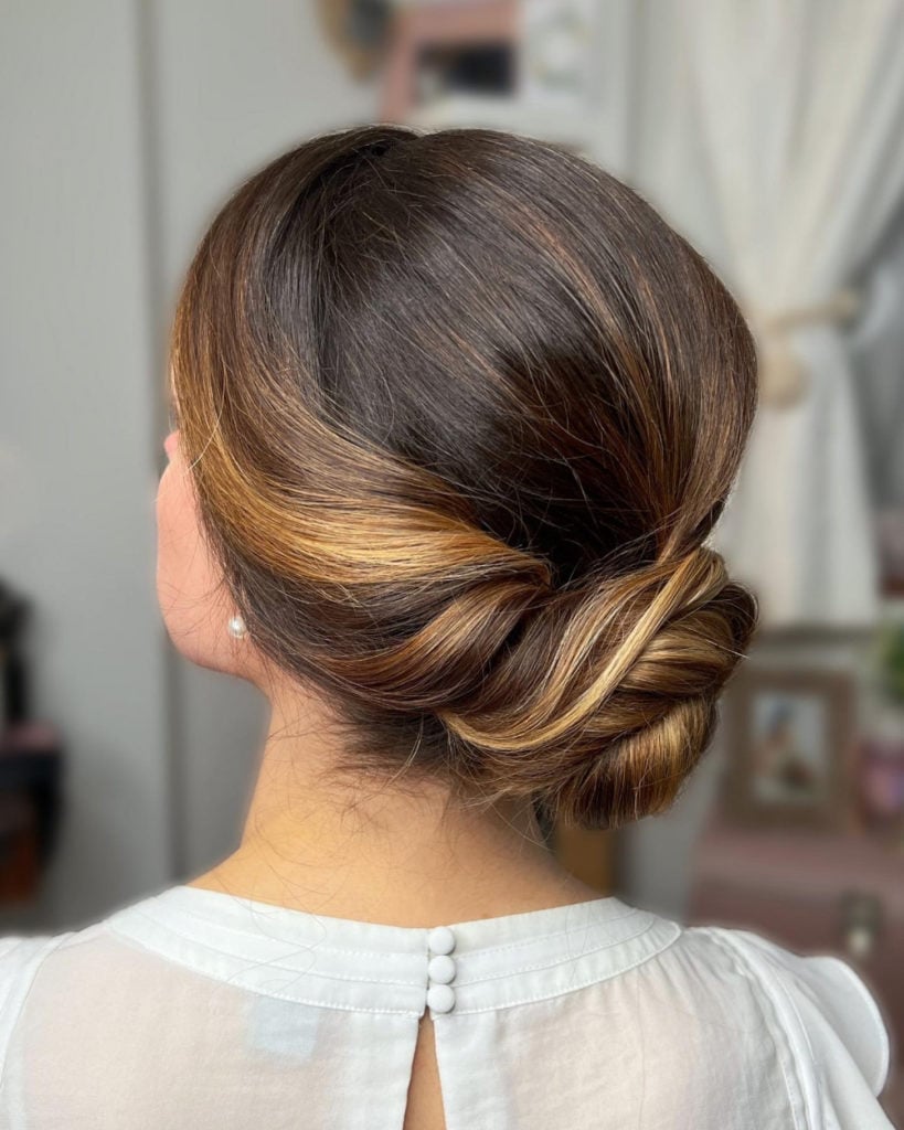 Dark Brown Blonde Highlights Twisted Low Bun — Simple Low Bun Wedding Hair