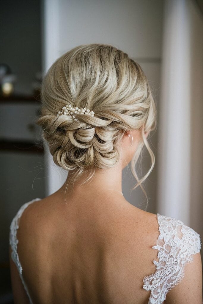 Ash Blonde Wavy Updo With Wispy Bangs — Simple Low Bun Wedding Hair
