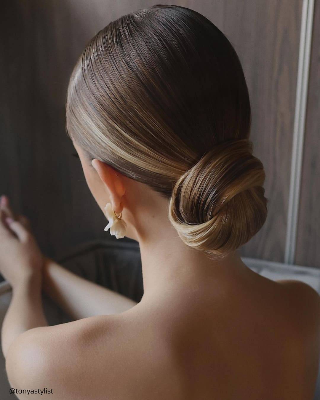 Dark Blonde Low Bun With Subtle Highlights — Simple Low Bun Wedding Hair