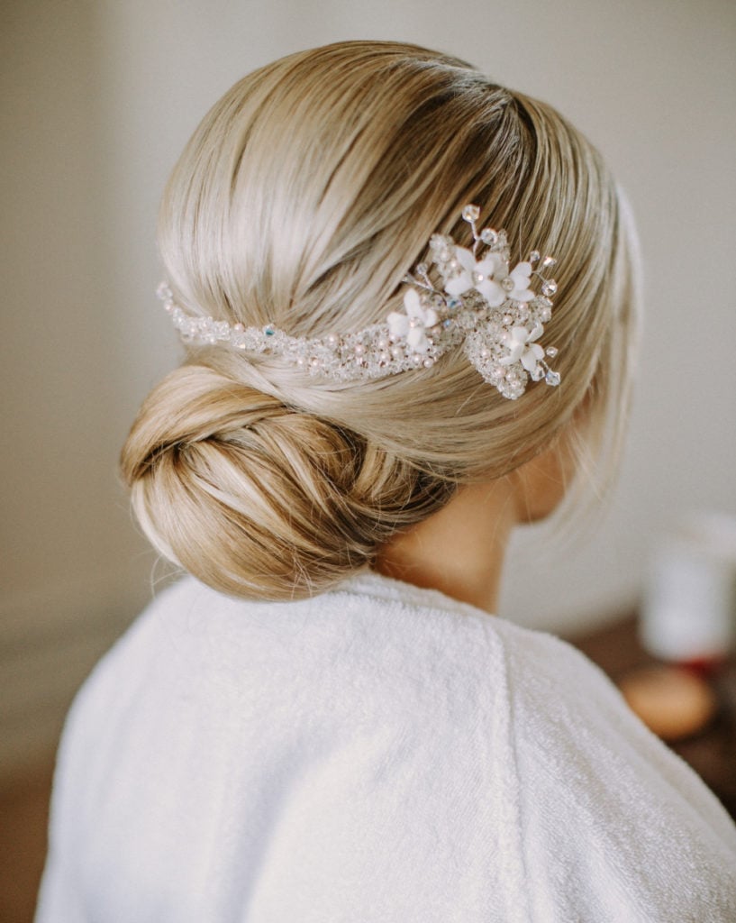 Fine Blonde Low Bun With Sparkle — Simple Low Bun Wedding Hair