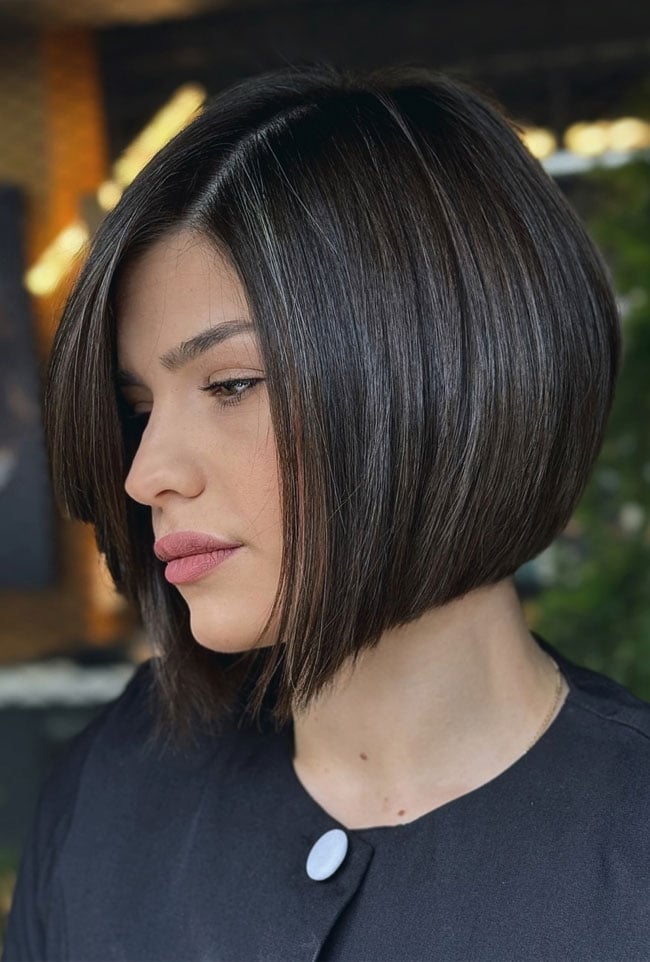 Dark Brown Inverted Bob With Sleek, Angled Back — Simple Medium Bob