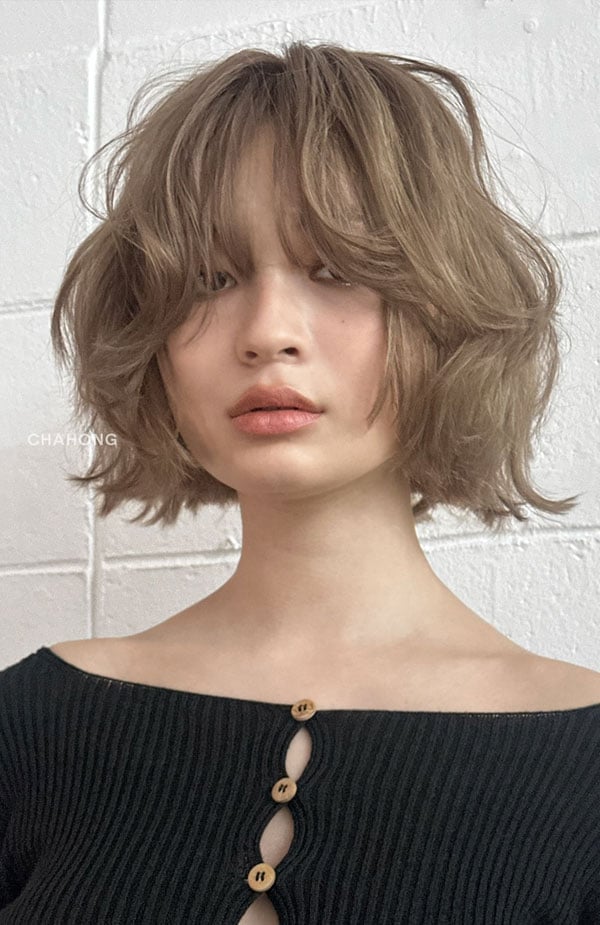 Chin Bob With Ash Brown Curtain Bangs — Simple Medium Bob