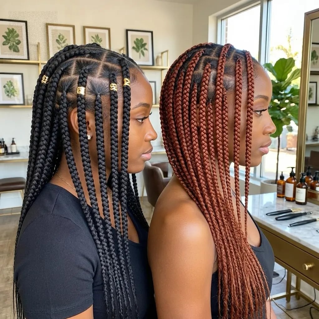Side View Mid-Back Black Box Braids With Beads, Straight — Simple Medium Braids