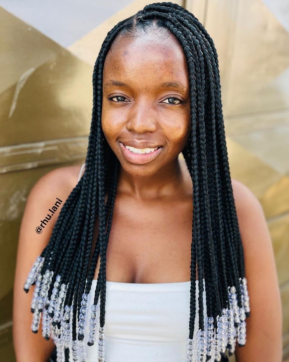 Mid-Back Box Braids With Beaded Ends — Simple Medium Braids