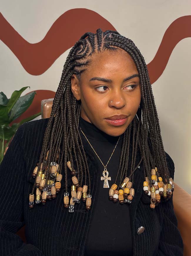 Mid-Back Fulani Braids With Wooden Beads — Simple Medium Braids