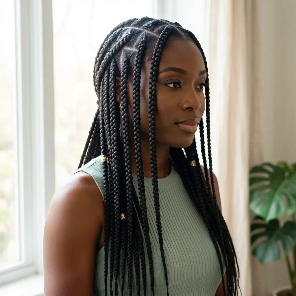 Mid-Back Black Box Braids With Gold Beads — Simple Medium Braids