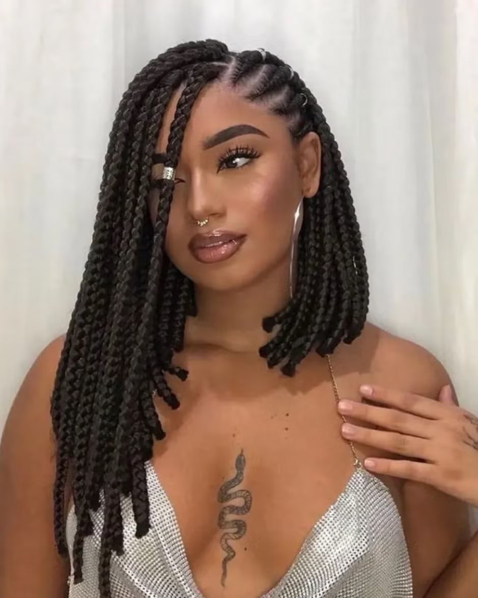 Collarbone Box Braids With Dramatic Side Part — Simple Medium Braids