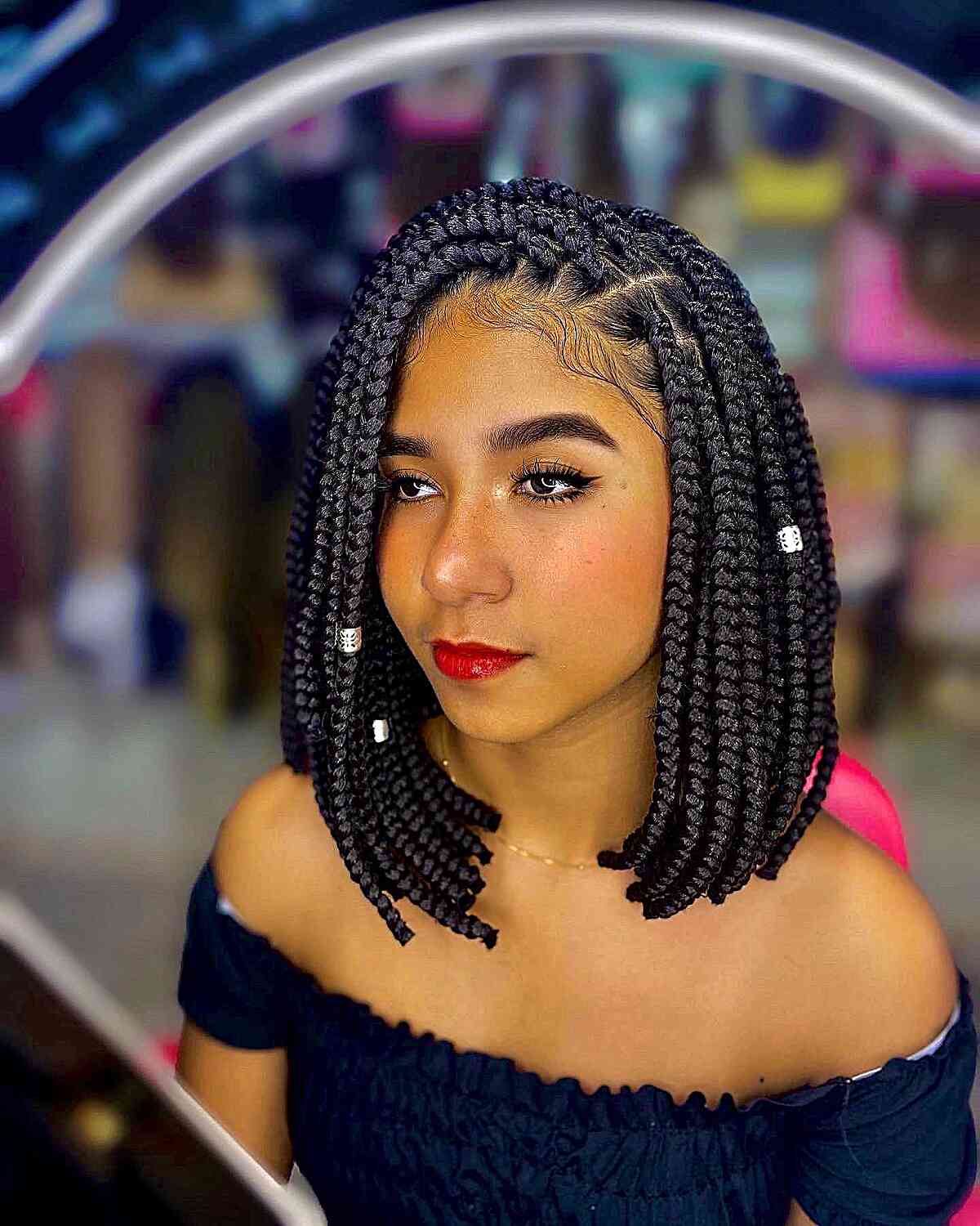 Chin Length Black Box Braids Bob — Simple Medium Braids