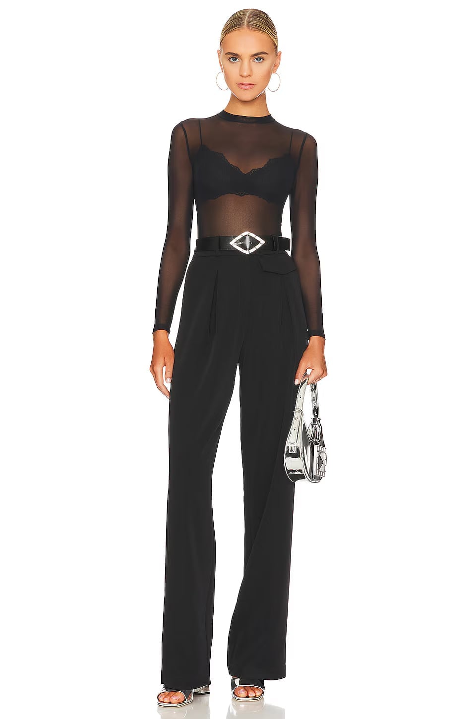 Monochromatic Black Mesh Bodysuit with Wide-Leg Trousers Monochromatic Black Mesh Bodysuit with Wide-Leg Trousers — Simple Mesh Top Outfits