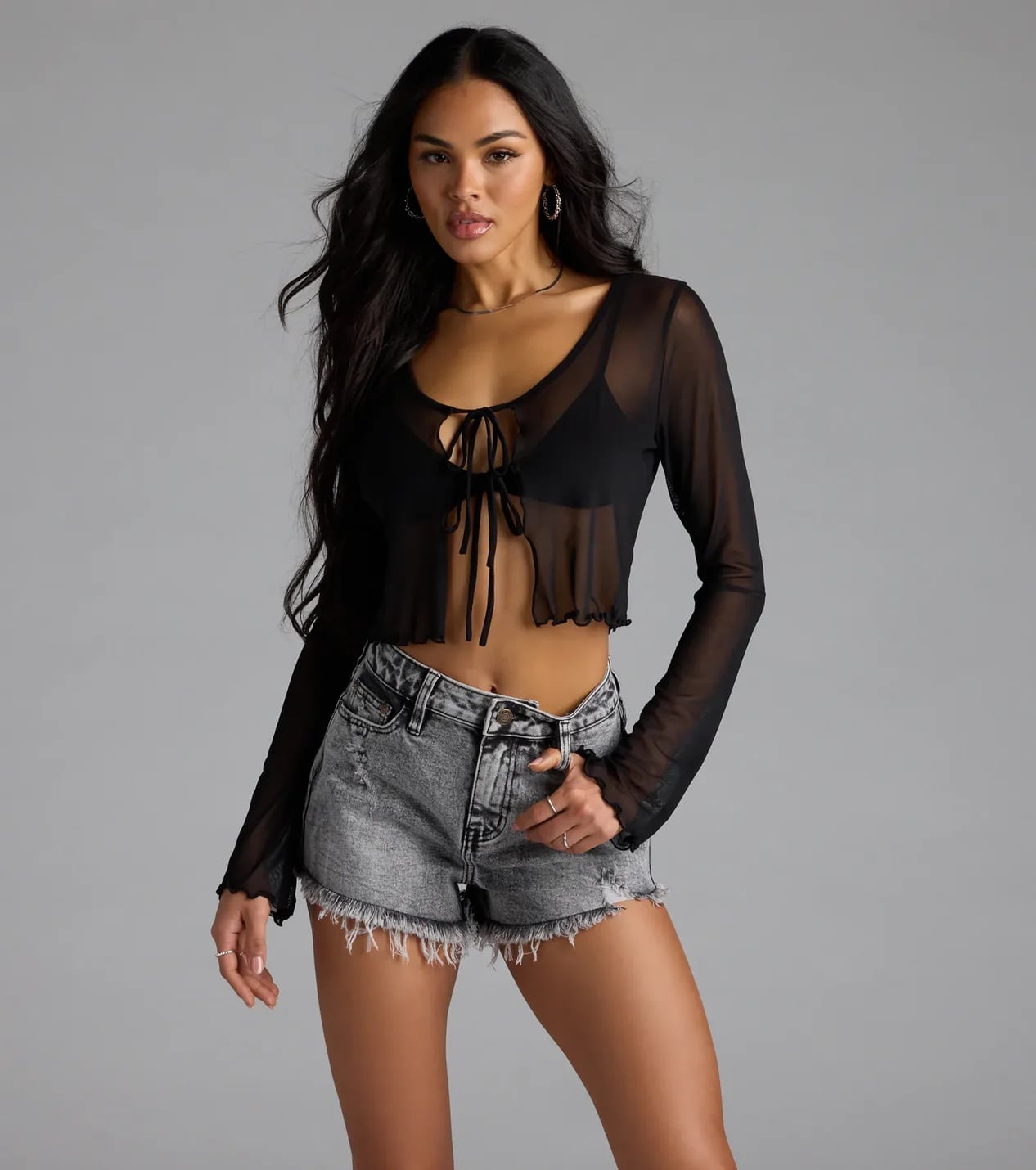 Black Mesh Tie-Front Top with Denim Shorts Black Mesh Tie-Front Top with Denim Shorts — Simple Mesh Top Outfits