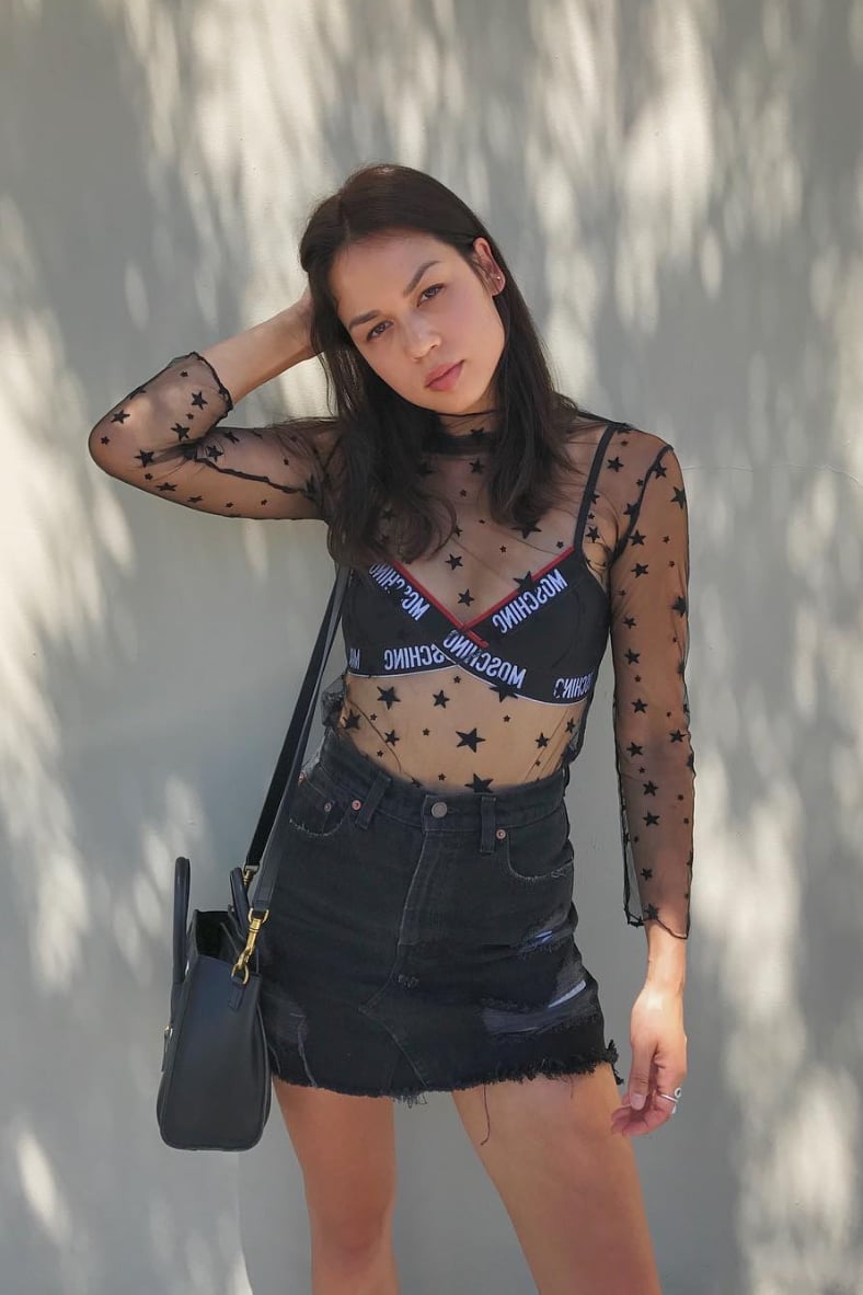 Star Print Mesh Top with Black Denim Mini Skirt Star Print Mesh Top with Black Denim Mini Skirt — Simple Mesh Top Outfits