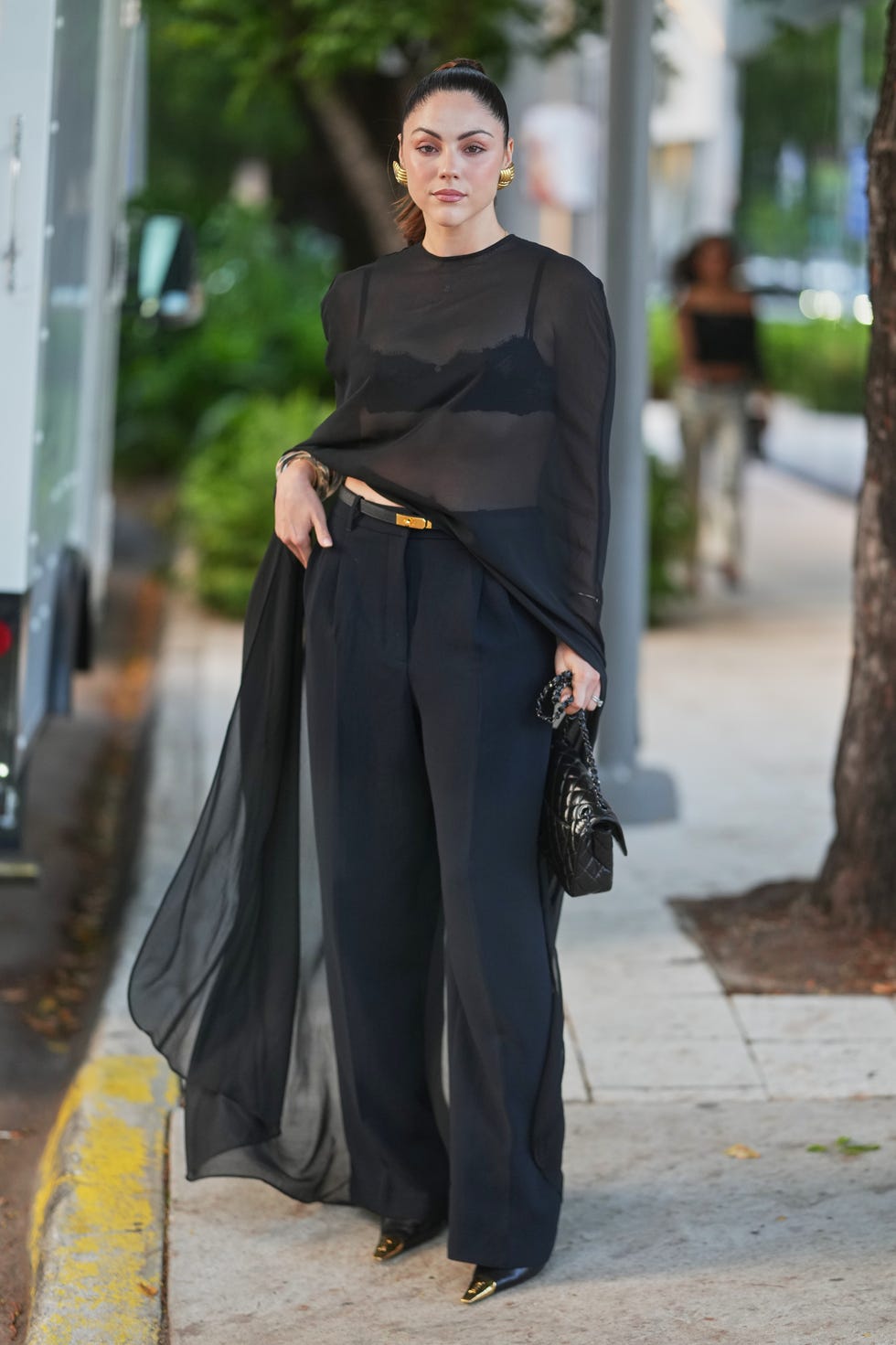 Sheer Black Overlay Top with Wide-Leg Trousers Sheer Black Overlay Top with Wide-Leg Trousers — Simple Mesh Top Outfits