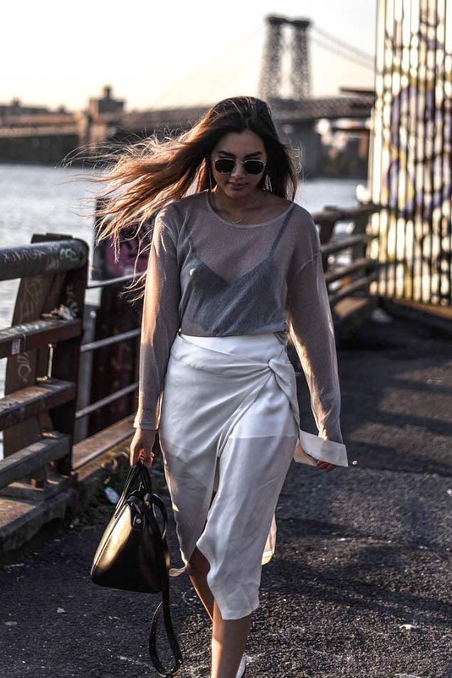 Gray Sheer Mesh Top with White Silk Skirt Gray Sheer Mesh Top with White Silk Skirt — Simple Mesh Top Outfits