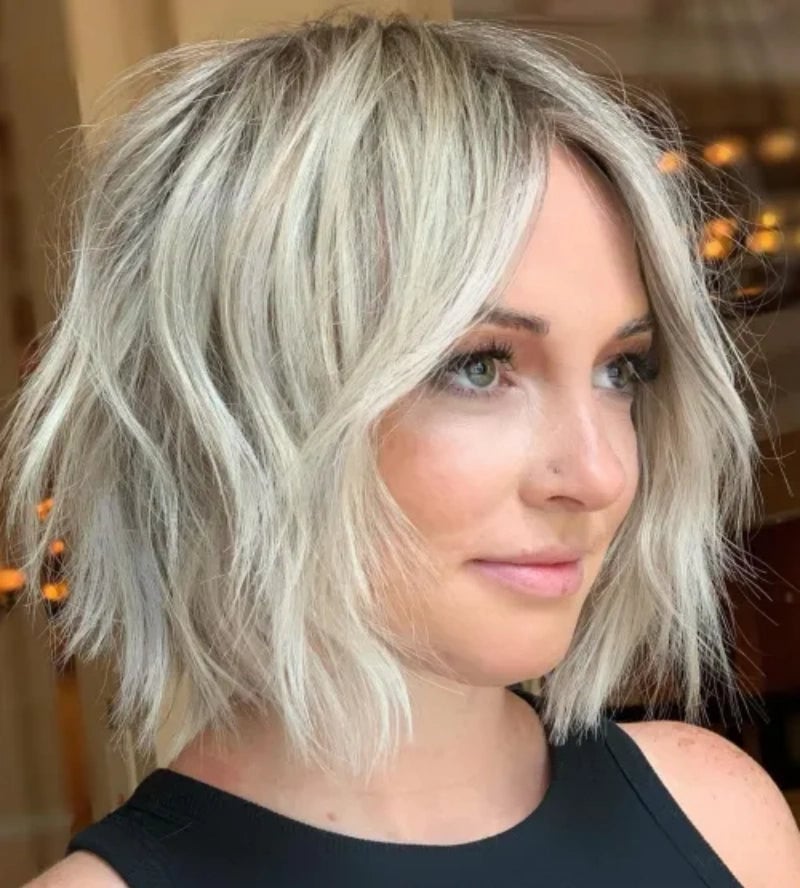 Ash Blonde Shag Bob With Curtain Bangs Ash Blonde Shag Bob With Curtain Bangs — Simple Mid Length Hair