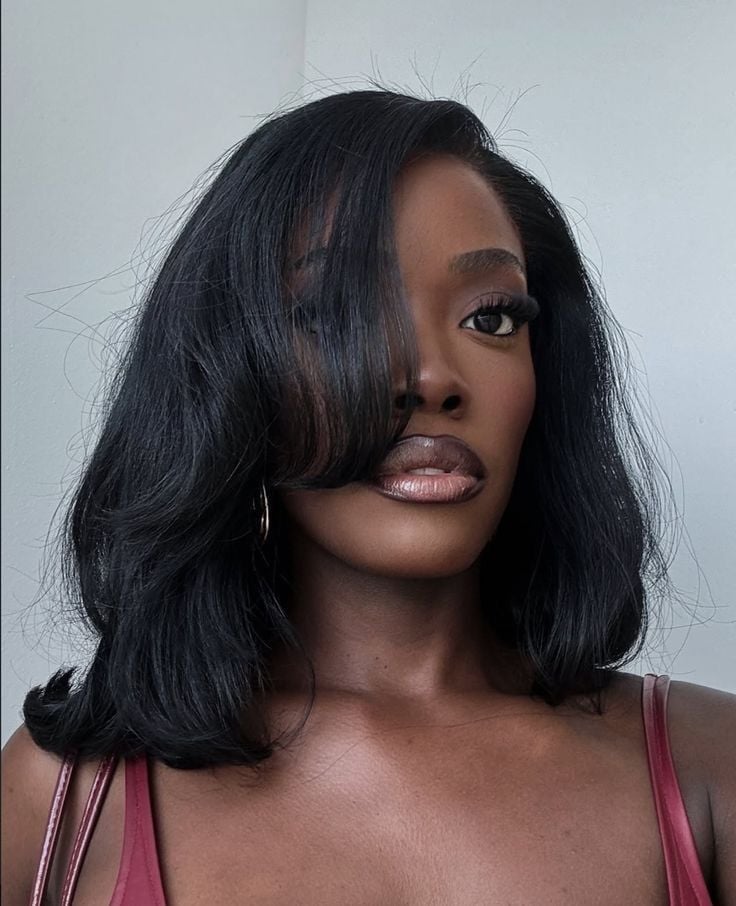 Angled Dark Brown Bob Side Part Angled Dark Brown Bob Side Part — Simple Mid Length Hair