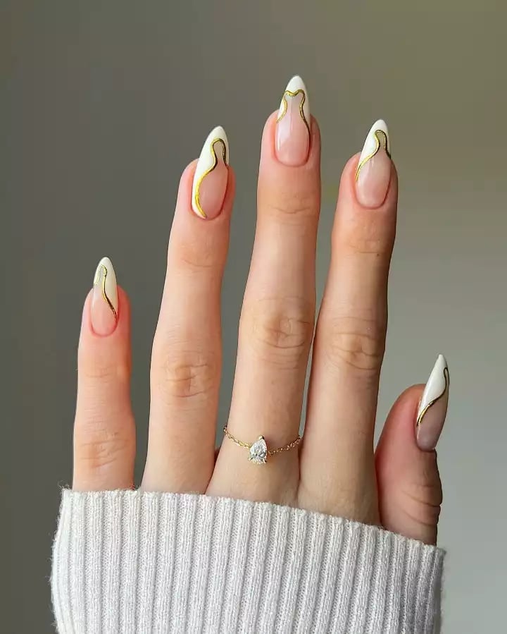 Abstract Gold Lines on Long Almond Nails — Simple Nail Art