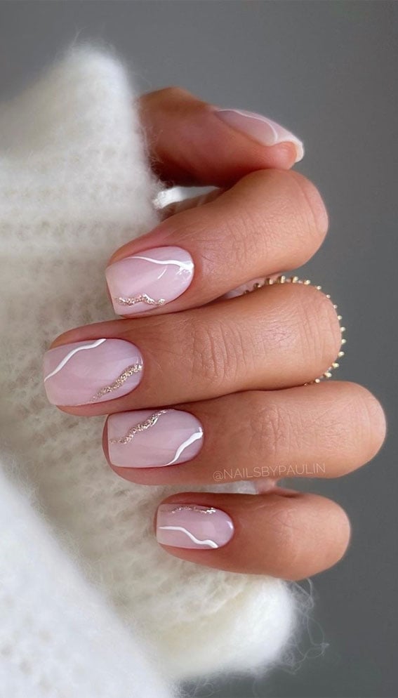 White Lines and Gold Glitter Pink Nails — Simple Nail Art