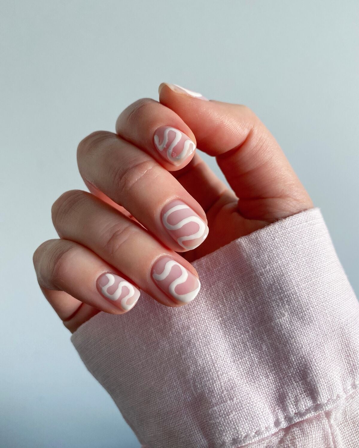 Curved White Lines on Sheer Pink — Simple Nail Art