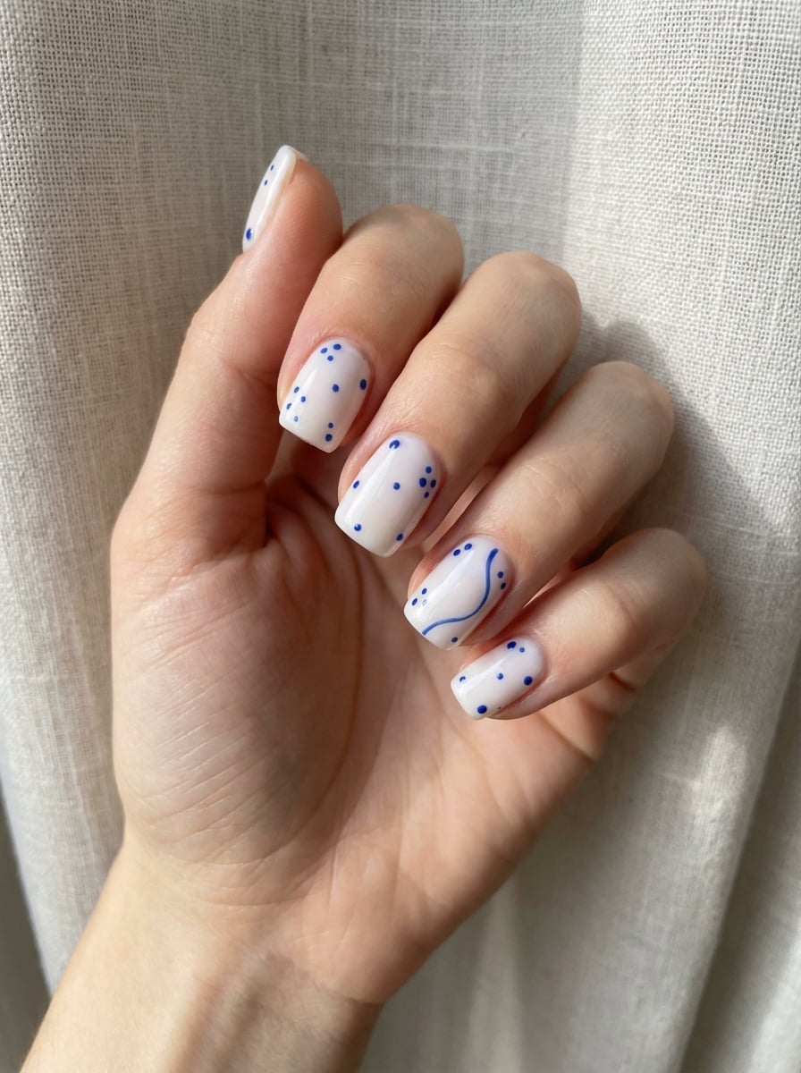 Blue Dots and Wavy Lines on White — Simple Nail Art