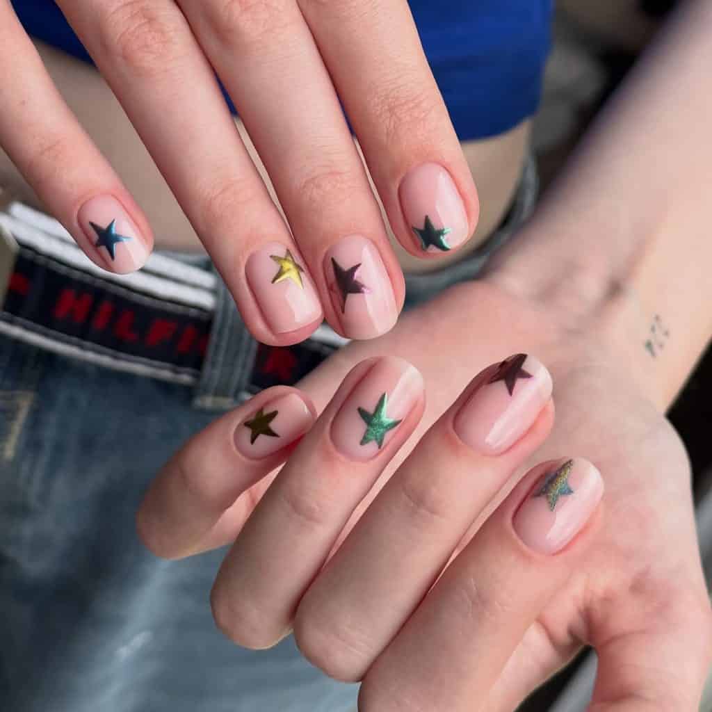 Metallic Star Stickers on Short Oval — Simple Nail Art